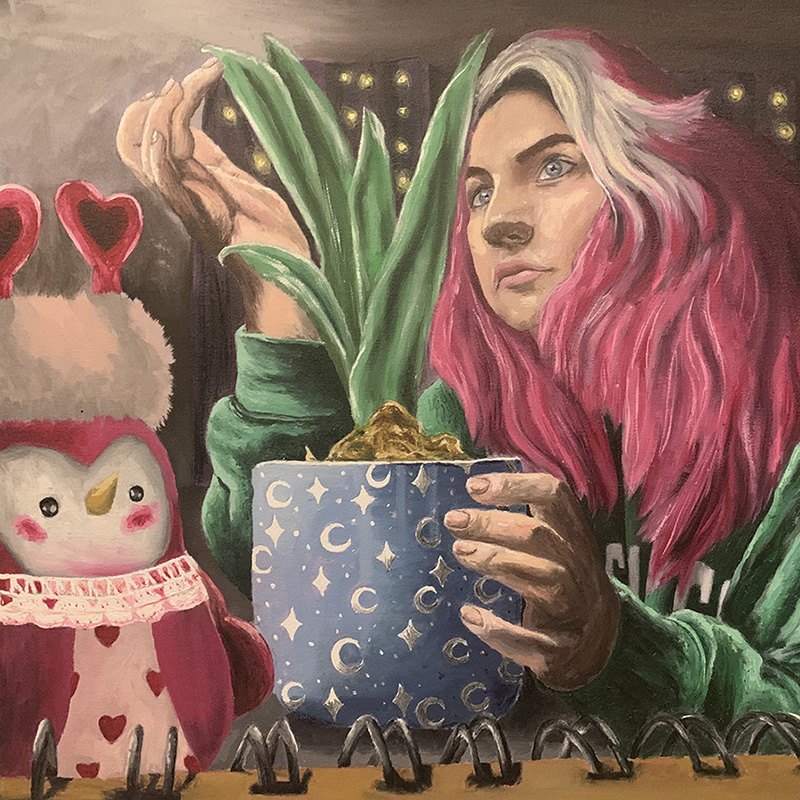 painting of girl with pink hair holding potted plant