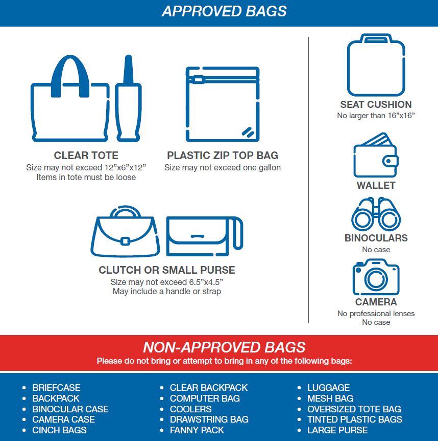 Graphic of allowed bag types, including clear totes, zip tip bags, clutches, and purses.