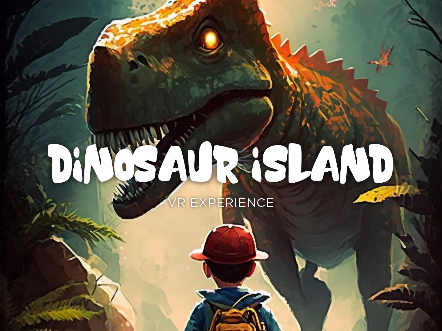 Dinosaur Island game showing person looking up at a giant T-Rex.