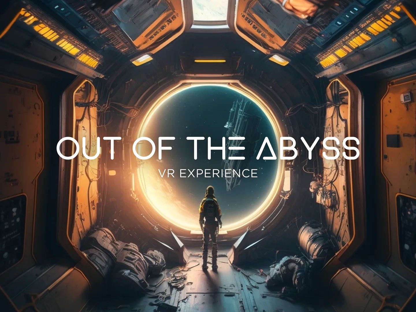 Out of the Abyss game showing astronaught standing at a giant circular glass window looking out into space.