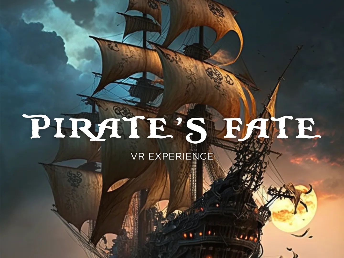 Pirates Fate game showing a pirate ship out on the open ocean at sunset.
