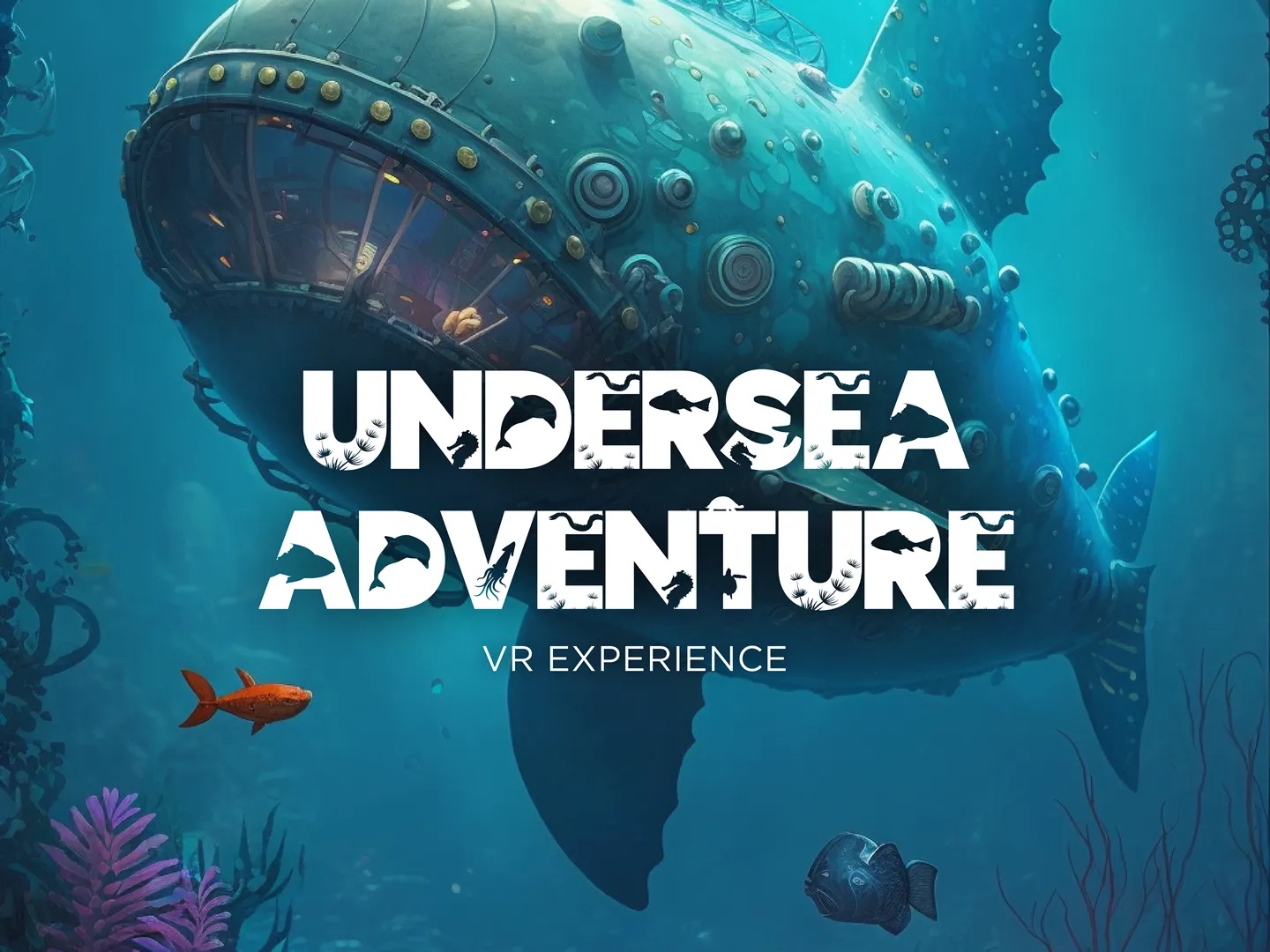 Undersea Adventure game showing a giant whale shaped steampunk inspired submarine deep in the ocean.