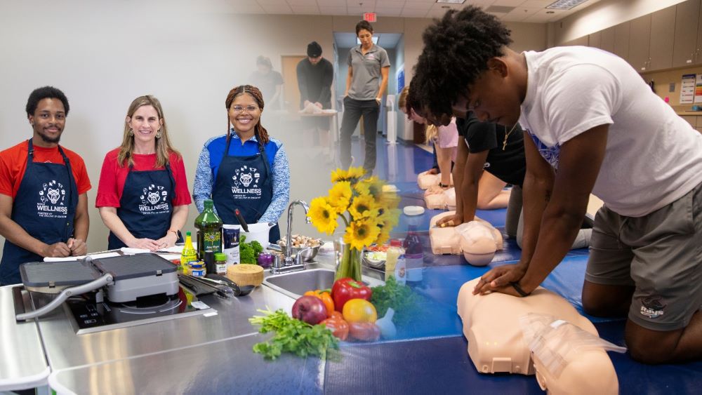 A collage of physical education students, CPR classes, and nutrition classes