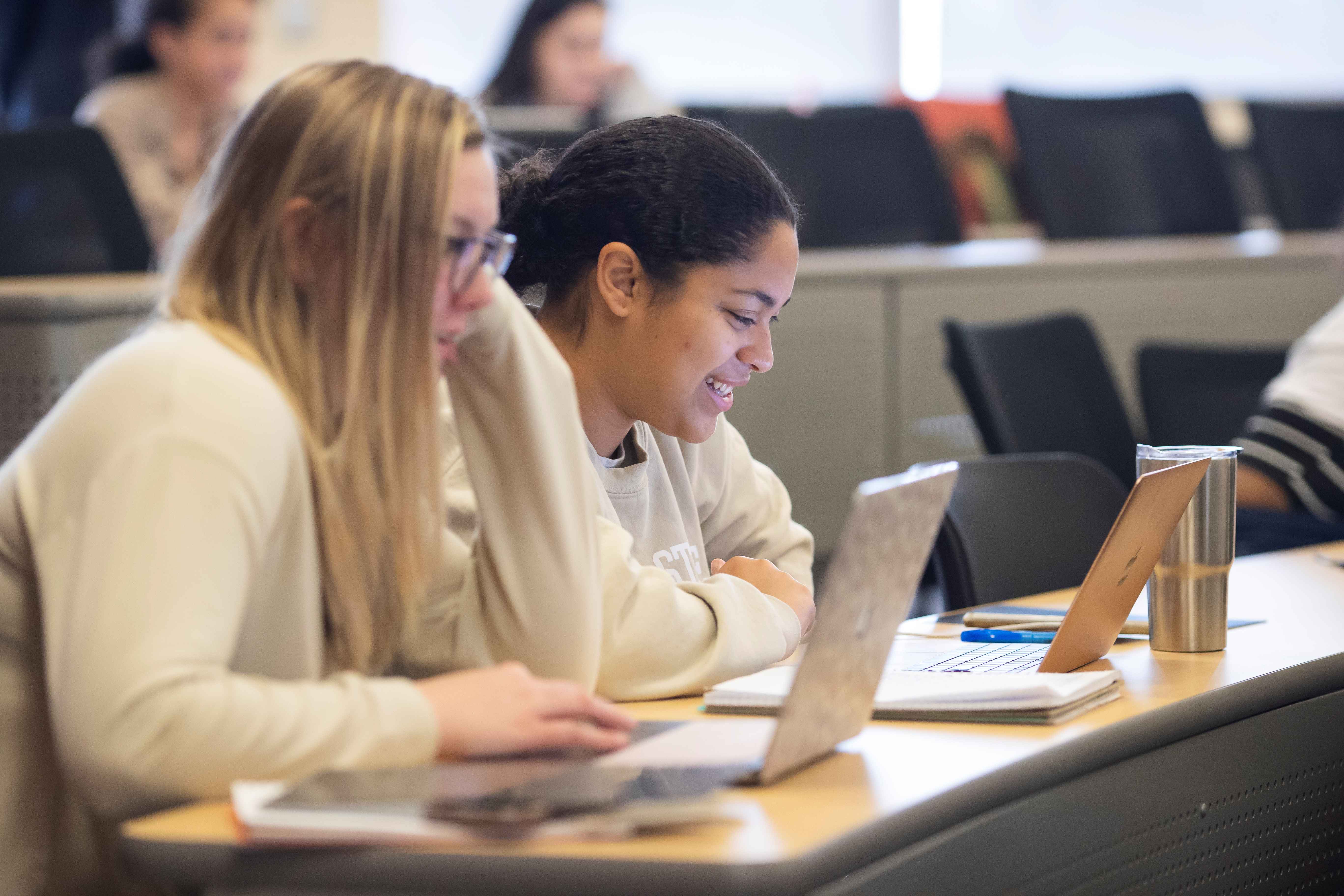 Girl taking notes on laptop in class.