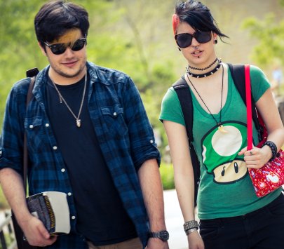 students walk across campus