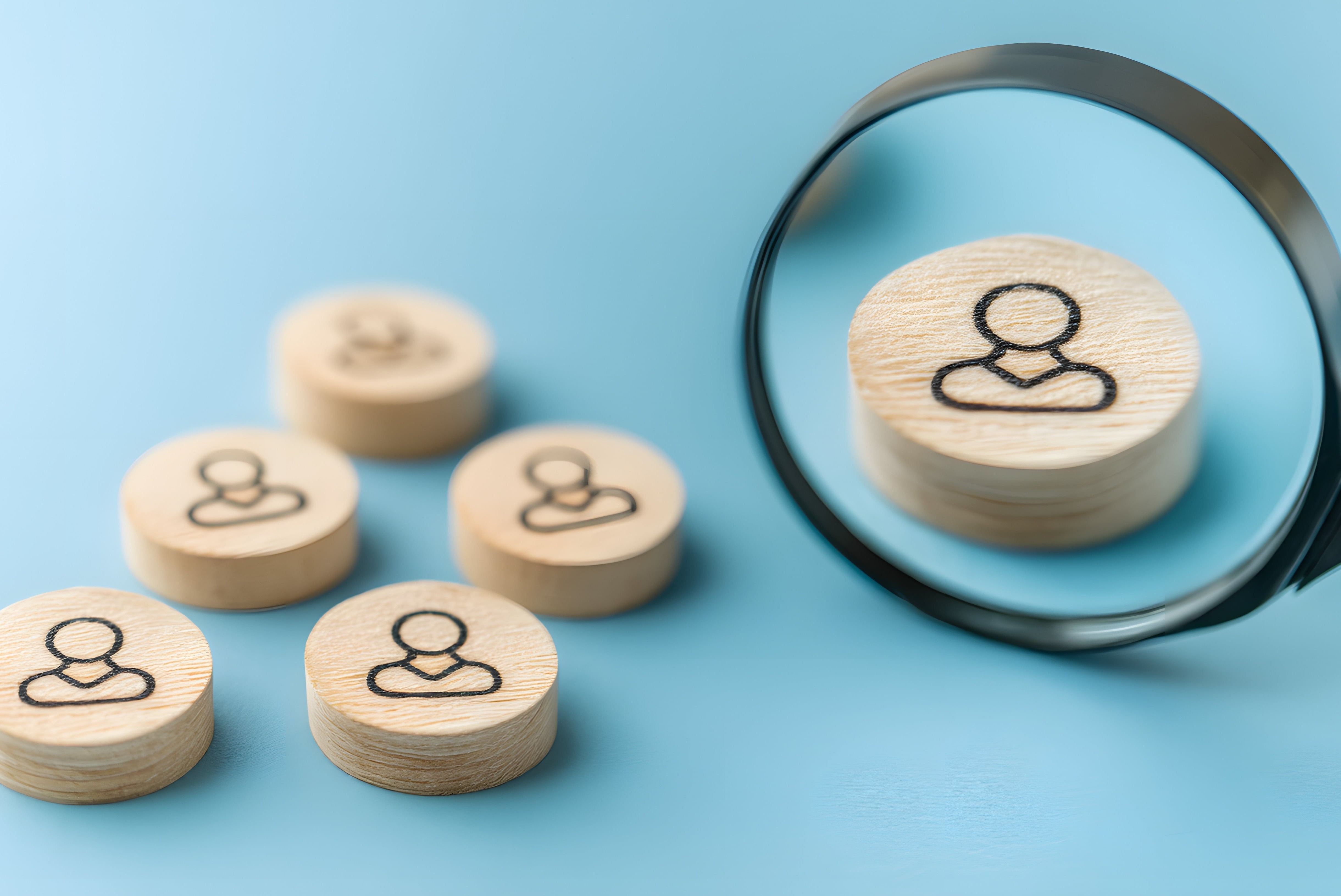 Wooden pucks with people icons, with one magnified using a magnifying glass.