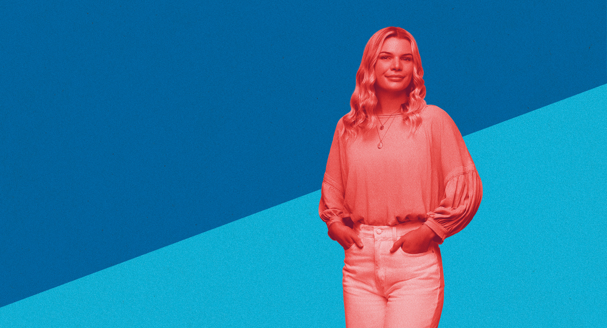 Duotone blue background with student in red color filter.