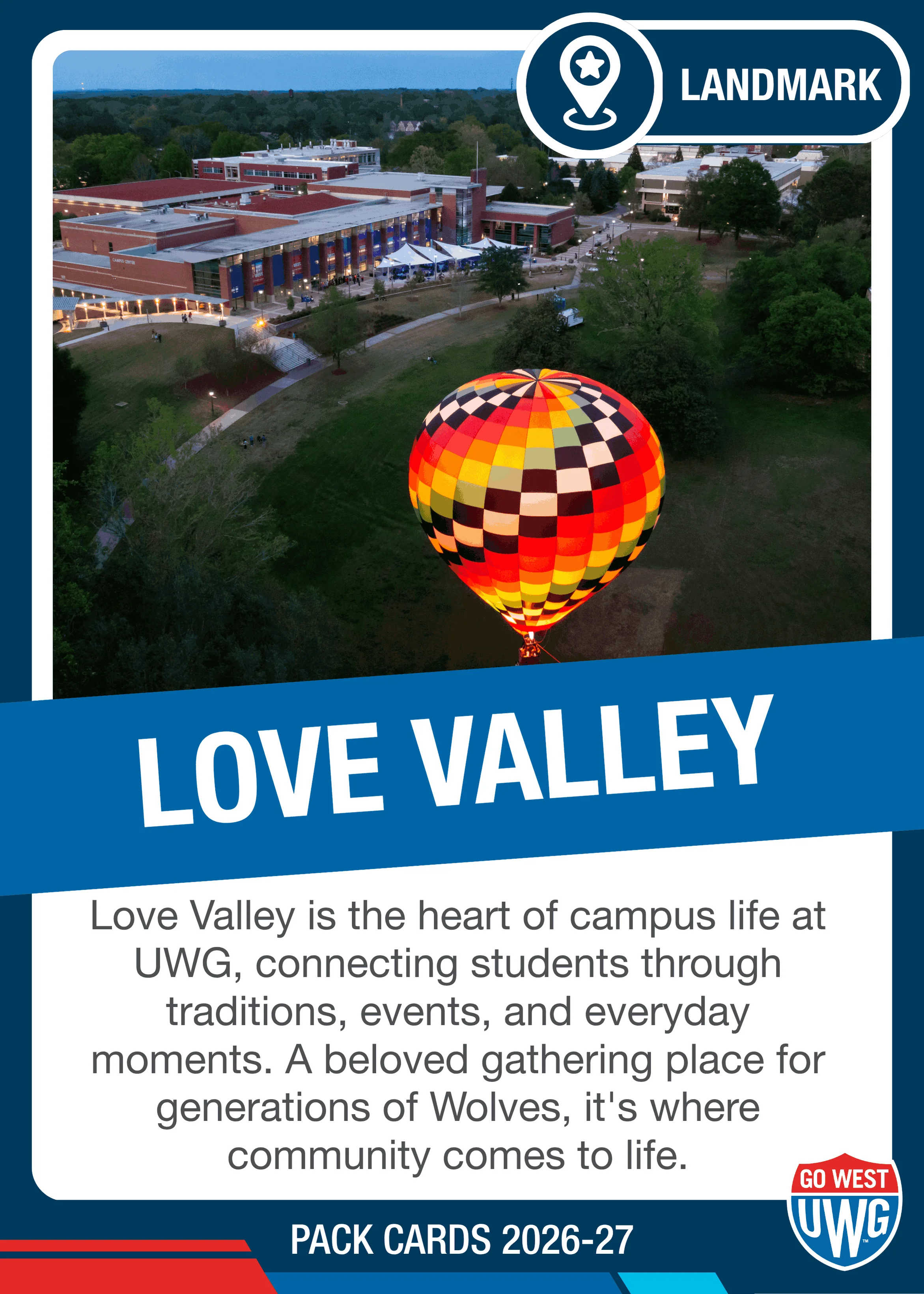Love Valley pack card featuring a hot air balloon flying over Love Valley.