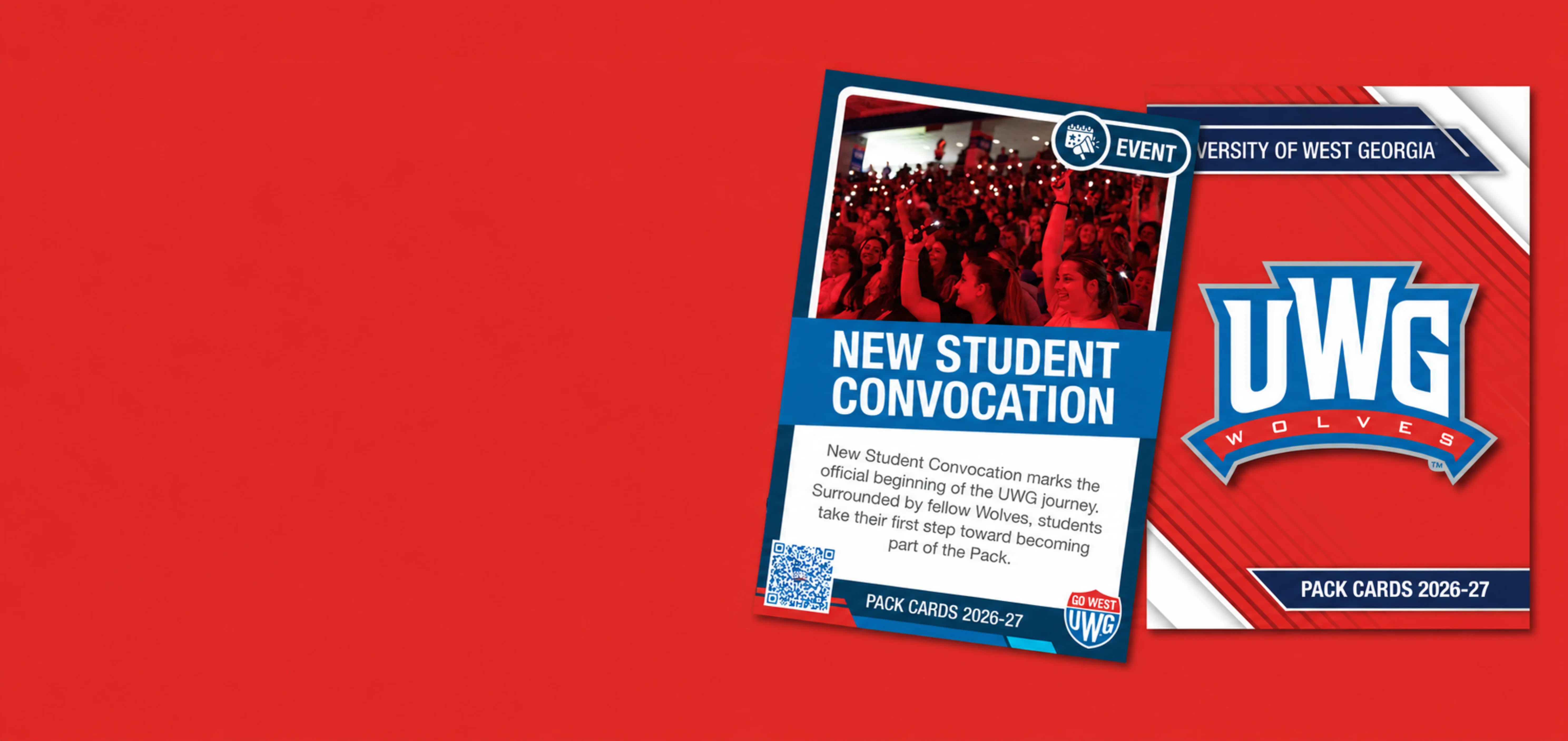 Red background with the front and back of a UWG trading card sitting above the background. Card displayed is the New Student Convocation card.