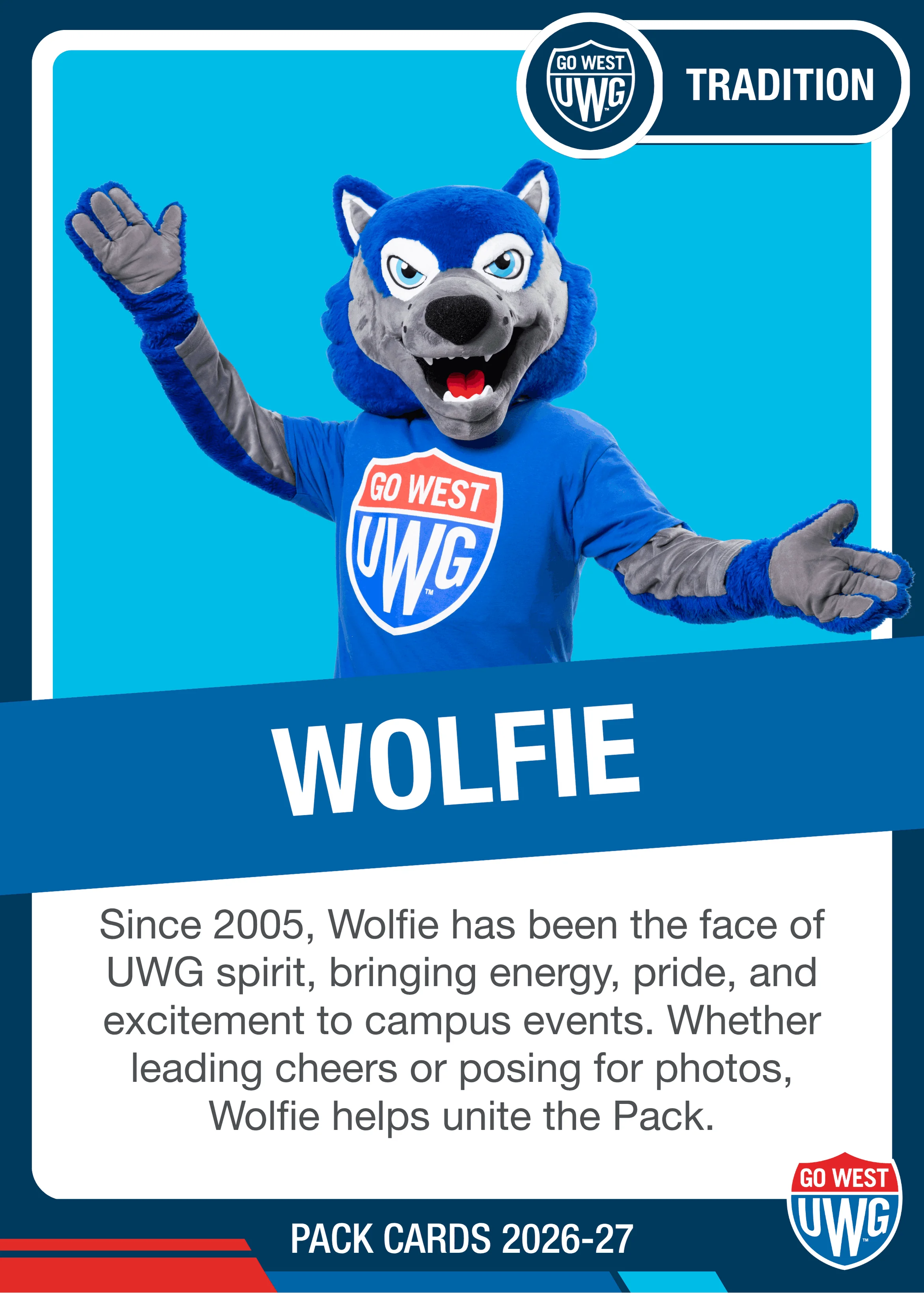 Wolfie pack card featuring Wolfie posing in front of a blue background.