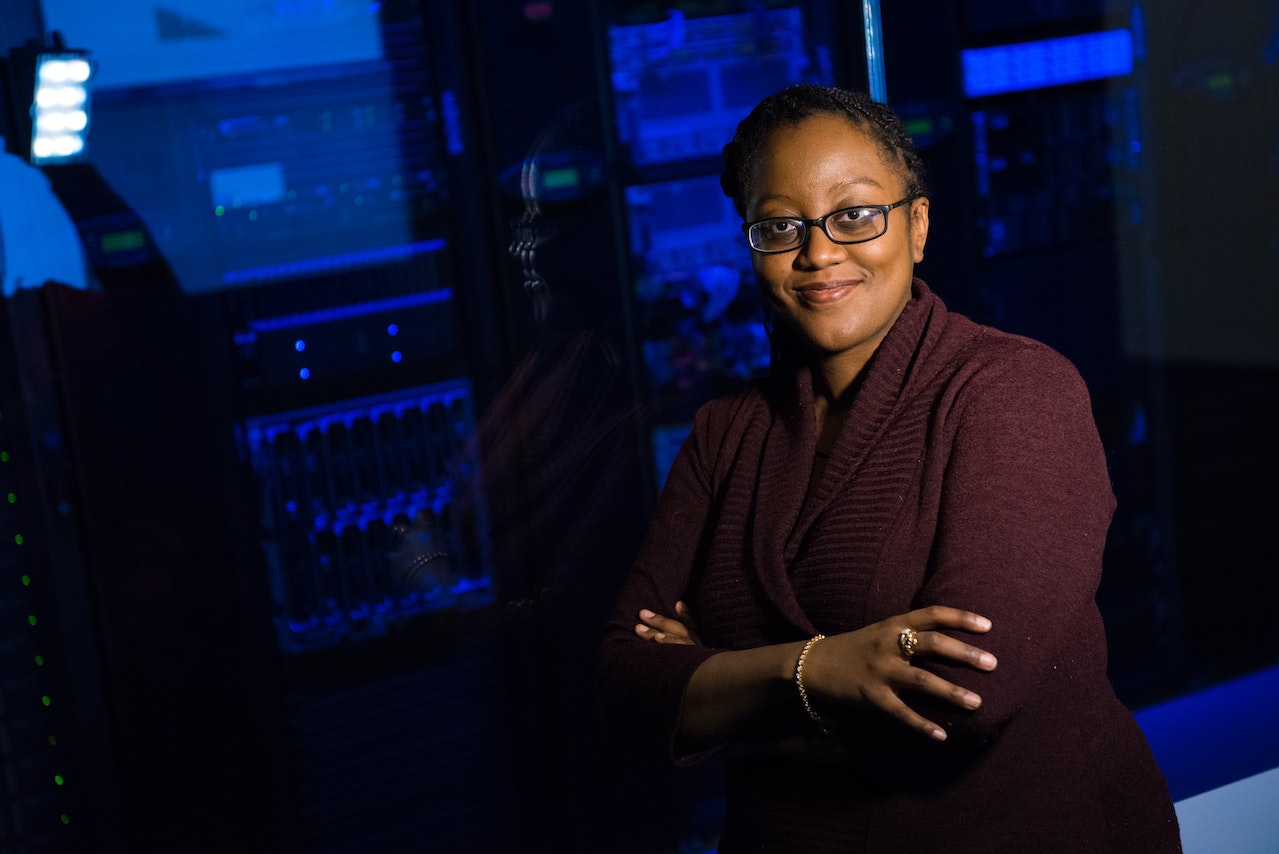 Woman in front of a data center