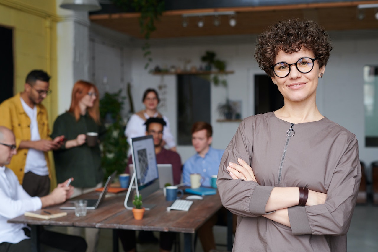 a group of people in an office