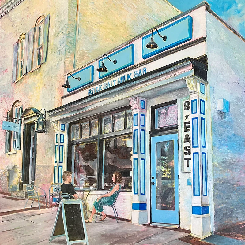 painting couple outside of bar in town scene