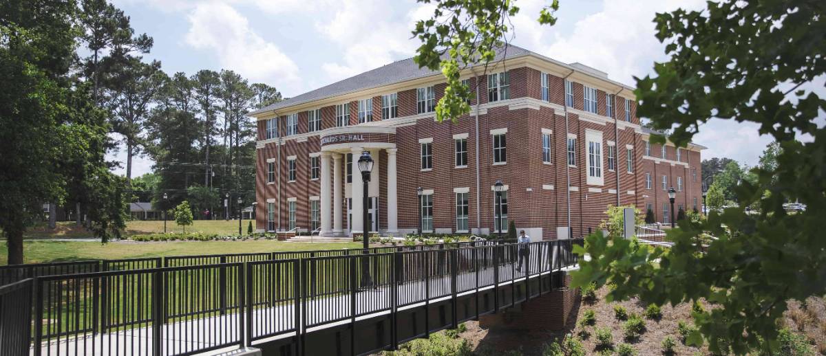 Roy Richards Sr. Hall and walking bridge exterior.