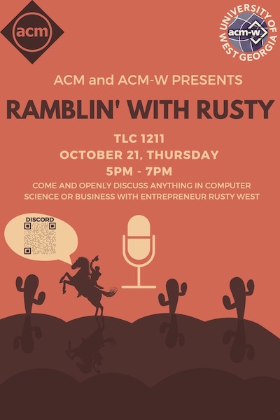ACM and ACM-W event poster for "Ramblin' with Rusty" event