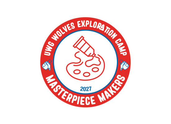 Drawing of paint on a palette with he text UWG Wolves Exploration Camp on the top and Masterpiece Makers on the bottom.