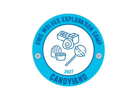Drawing of candy pieces with the text UWG Wolves Exploration Camp on the top and Candyland on the bottom.