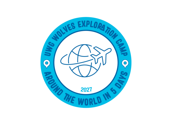 Drawing of airplace circling a globe with the text UWG Wolves Exploration Camp on the top and Around the World in 5 Days on the bottom.