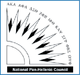 White and black design with 9 triangle points that lead to a semi-circle. Each with a council at the top of a point. Councils letters are 