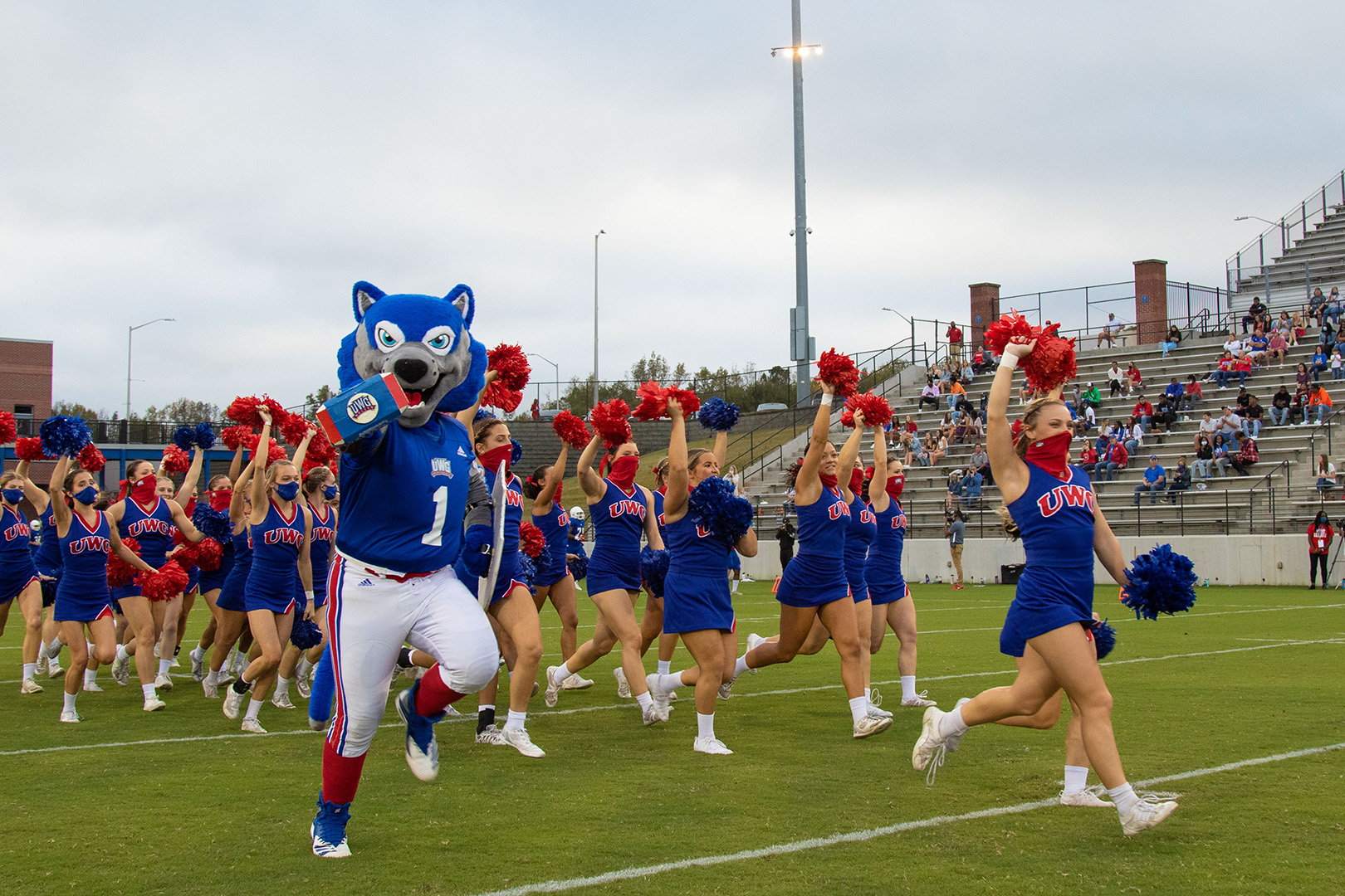 UWG cheerleaders running onto the football field with Wolfie