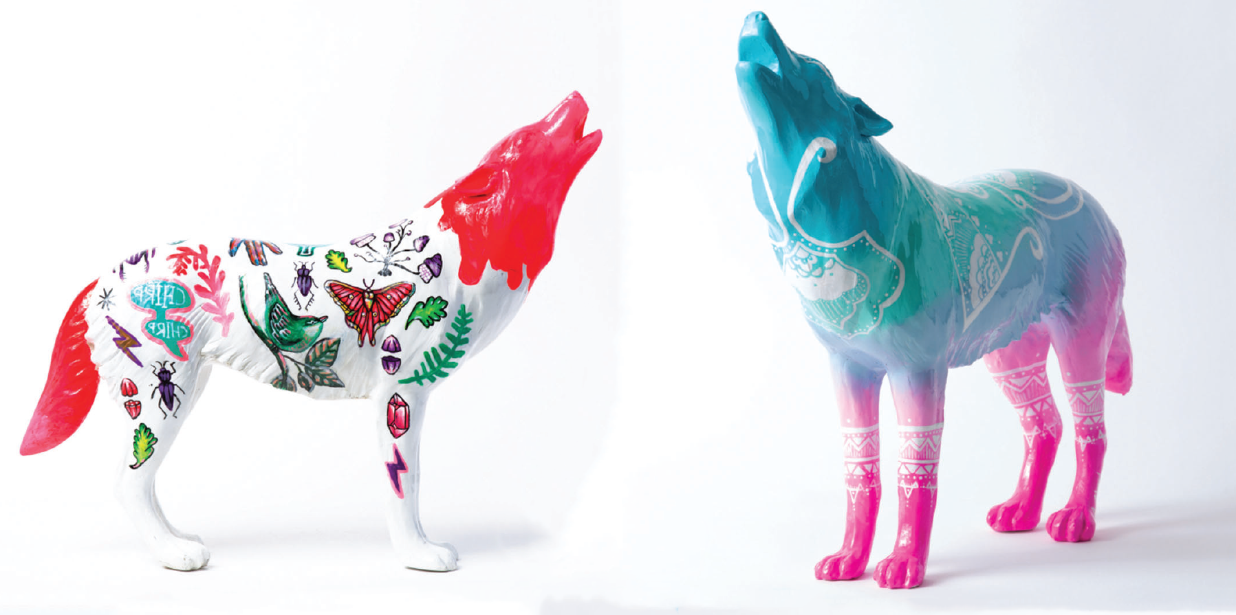 Colorful wolf statues