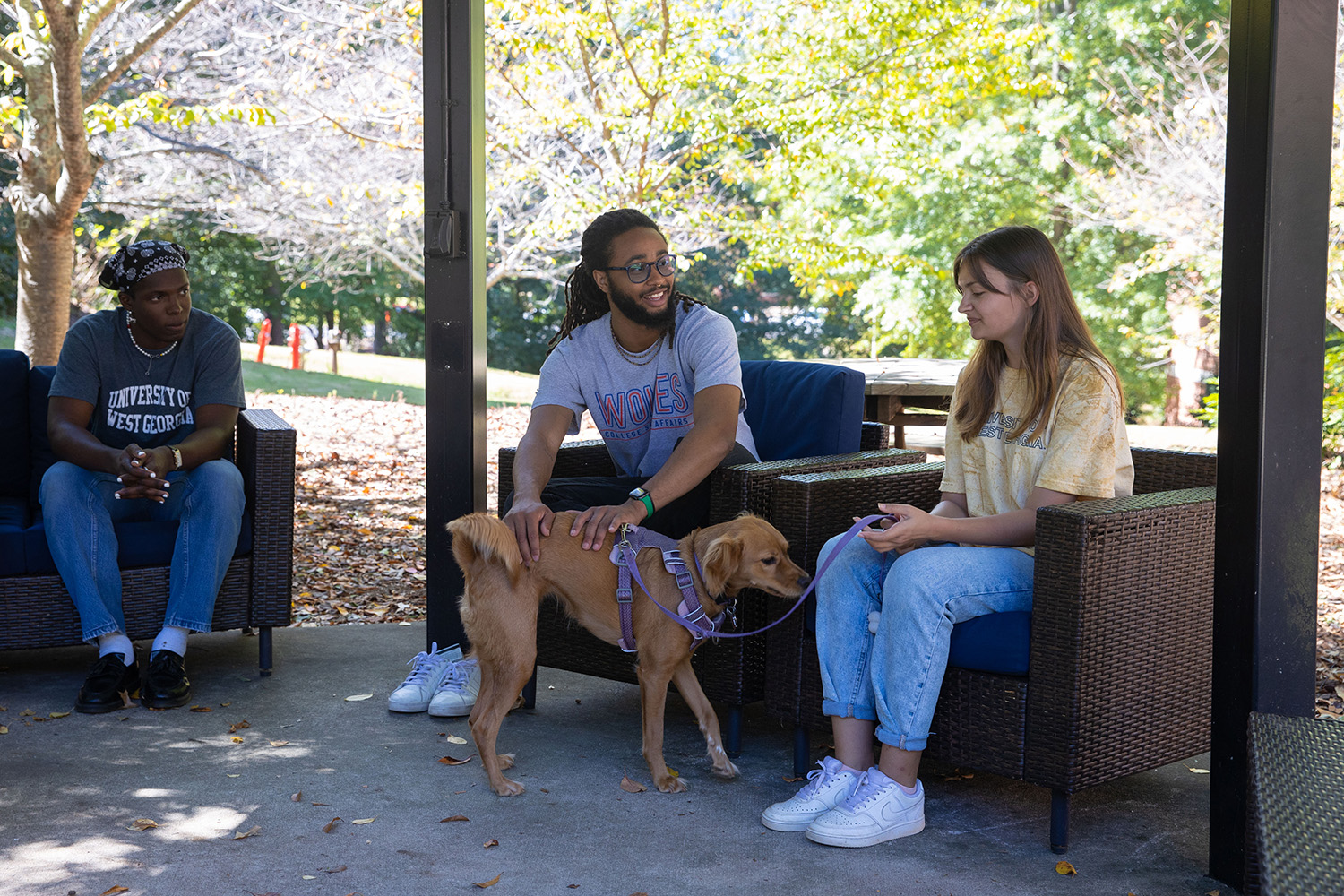 students and dog outside talking