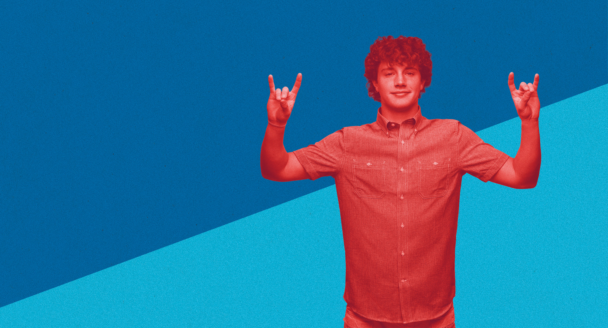 Duotone blue background with student in red color filter.