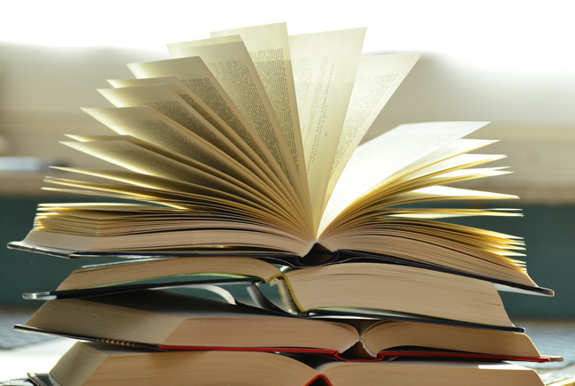 Photograph of a pile of books with the pages of the top book fanned out.