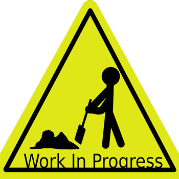 Graphic of a caution sign with a person using a shovel with the text work in progress across the bottom