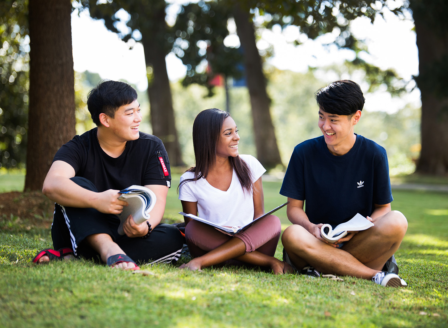 Three students sitting in the grass talking and smiling.