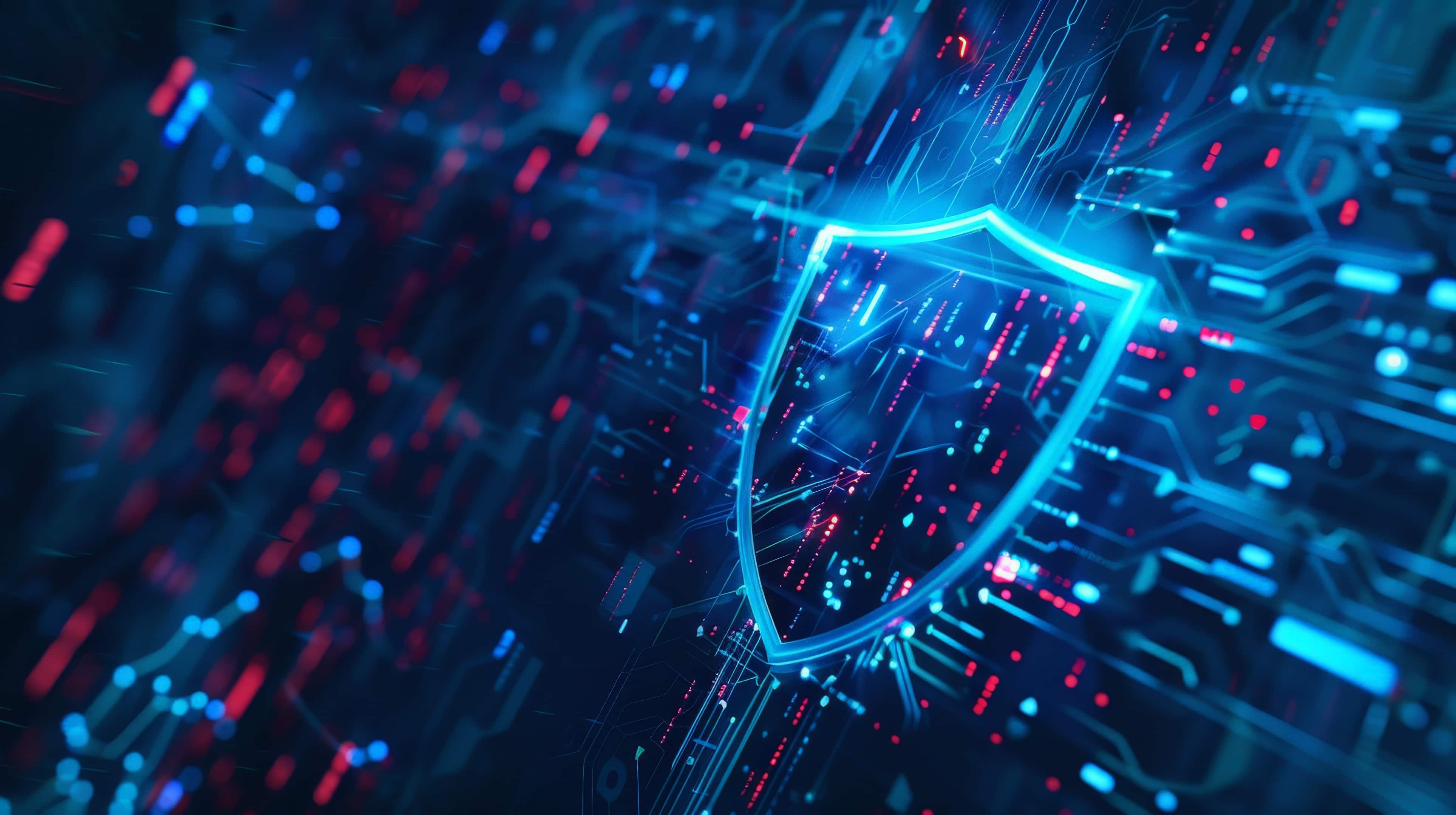 Red and blue digital screen displaying a large blue shield, symbolizing cybersecurity.
