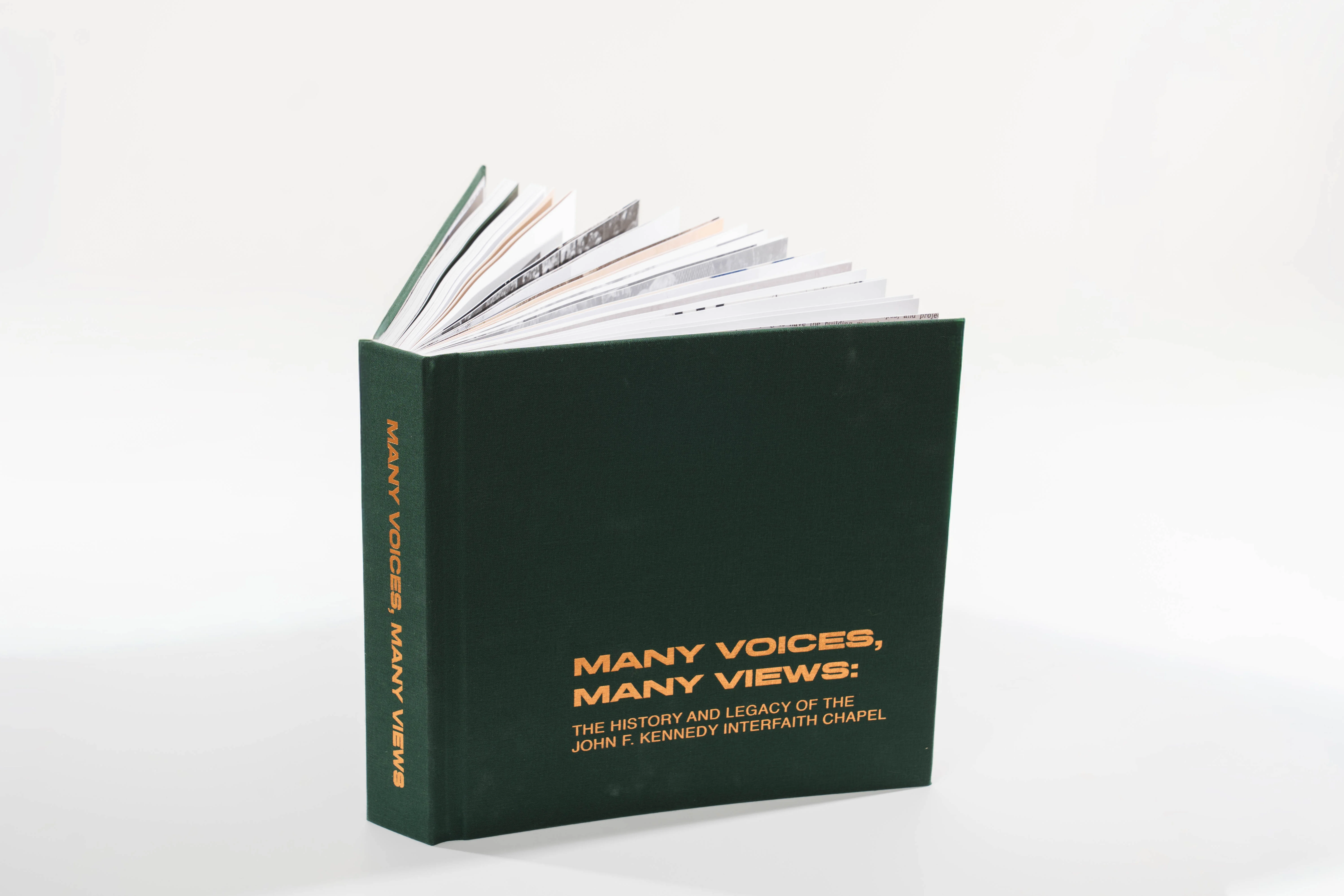 Many Voices, Many Views book cover colored green with gold lettering.