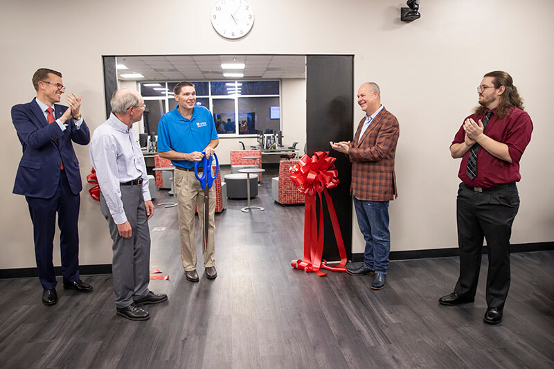 L to R: Dr. Brendan Kelly, UWG president; Mitchell Clifton, UWG professor emeritus; Dr. Duane Yoder, UWG’s Department of Computing and Mathematics chair; Rusty West ’88, UWG mathematics alum; Garrett Brenner, current UWG computer science student