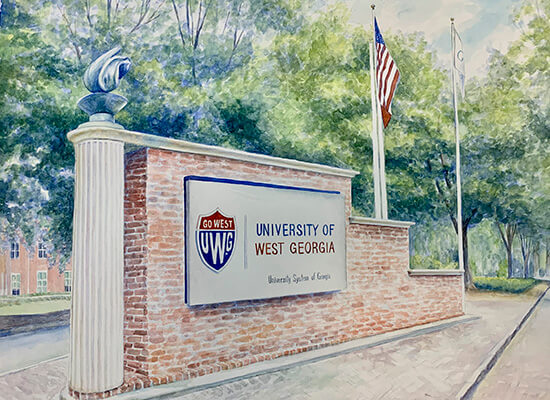 A watercolor print created by painting student Rachel Christiansen featuring the signage of an entrance to UWG. 