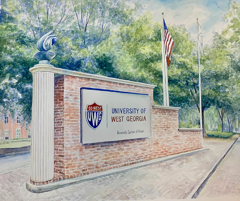 Watercolor by painting student Rachel Christiansen featuring the signage of an entrance to UWG.
