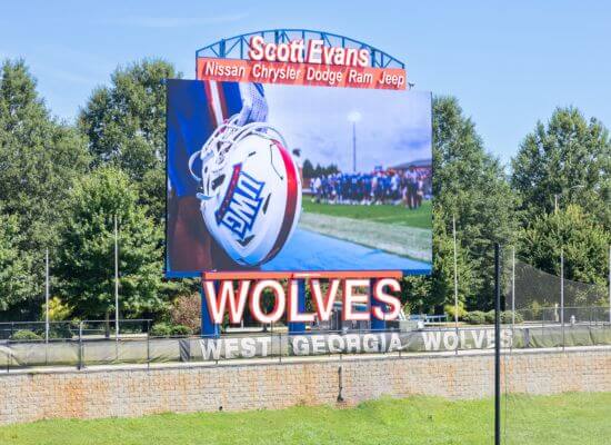 The video board at the Wolves' University Stadium, which was a gift from UWG donor Scott Evans