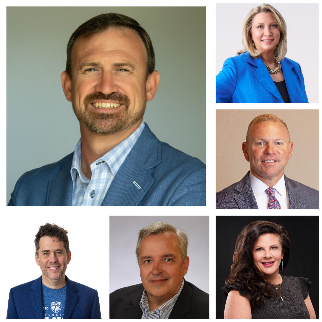 Clockwise, from top left: Josh Chapman, Carol Crews ’91, Brian Dill, Dr. Allison Key ’02, Jeff Phillips ’86 and Zach Rogers ’99 ’07