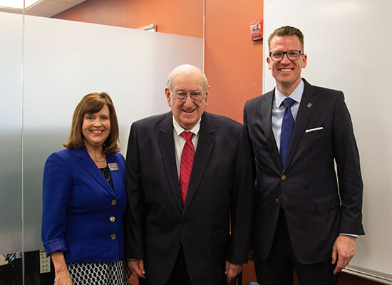 Dean of UWG's Tanner Health System School of Nursing Dr. Jenny Schuessler, Herb Hatton, and UWG President Dr. Brendan Kelly 