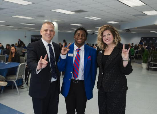 L to R: Dr. Michael Johnson, UWG president; Leonard Bowles, UWG student and scholarship recipient; and Allyson Bretch, vice president for university advancement and CEO of UWG&rsquo;s philanthropic foundations