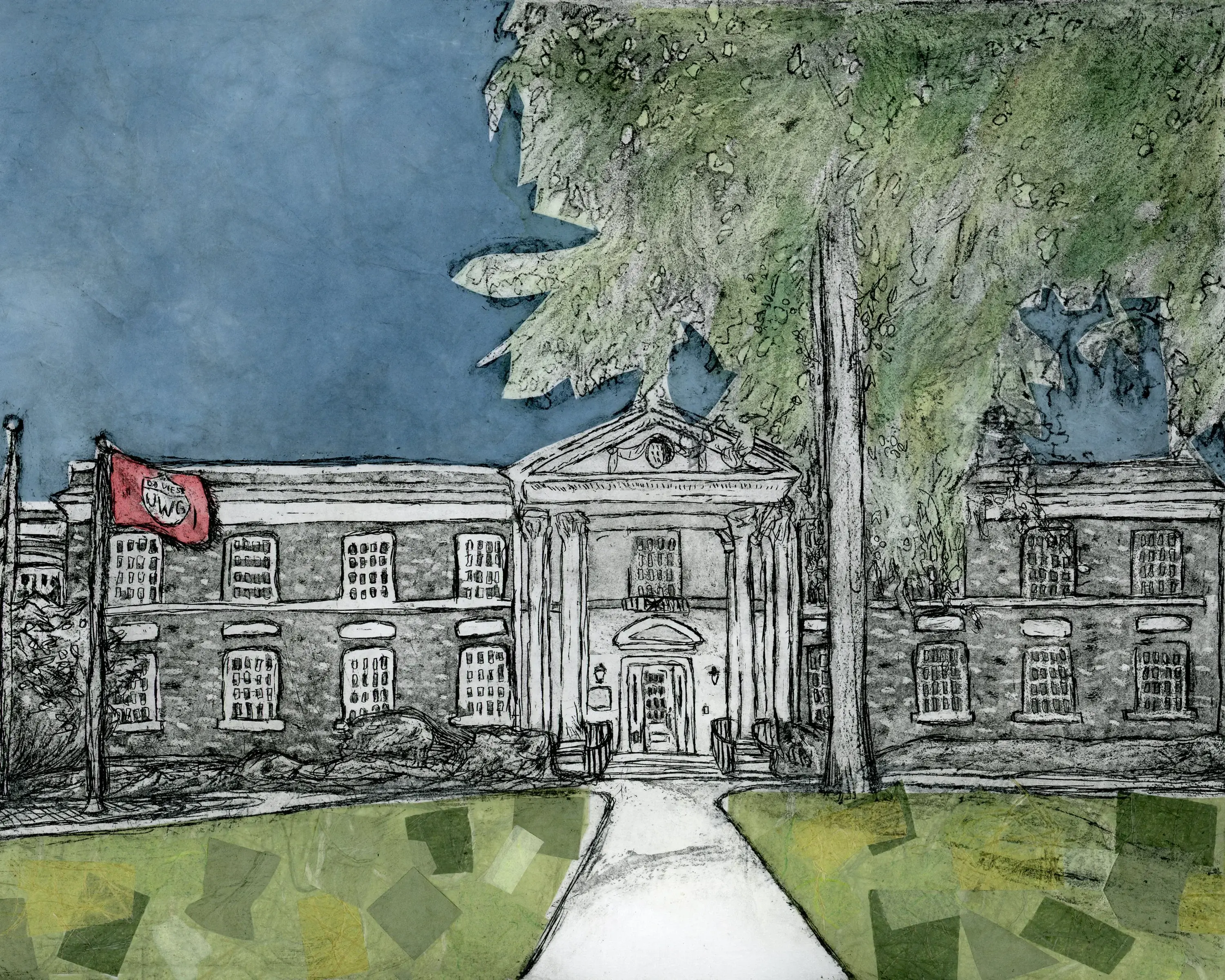 Watercolor of UWG Newnan by art student Desteny Pelcastre