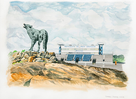 Watercolor of UWG's Wolf Plaza with University Stadium in the background