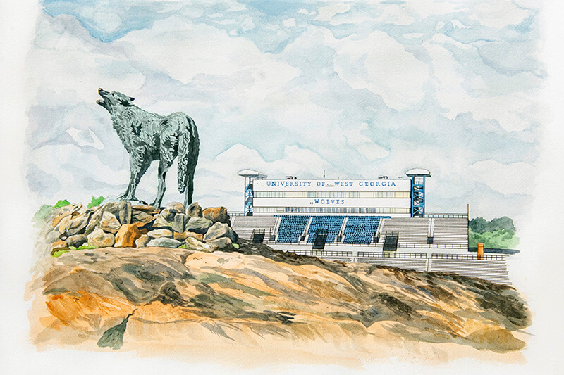 Watercolor of UWG's Wolf Plaza with University Stadium in the background