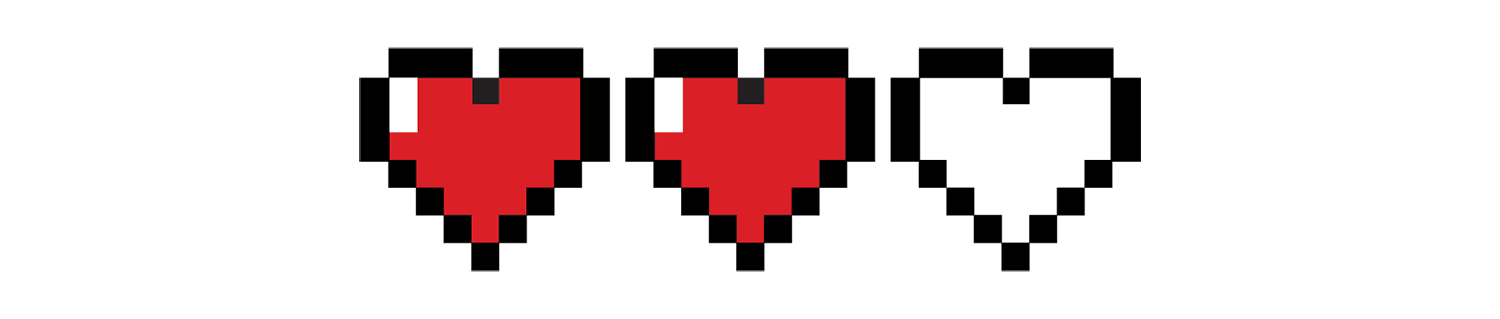  8-bit graphic showing two hearts left in a video game health bar