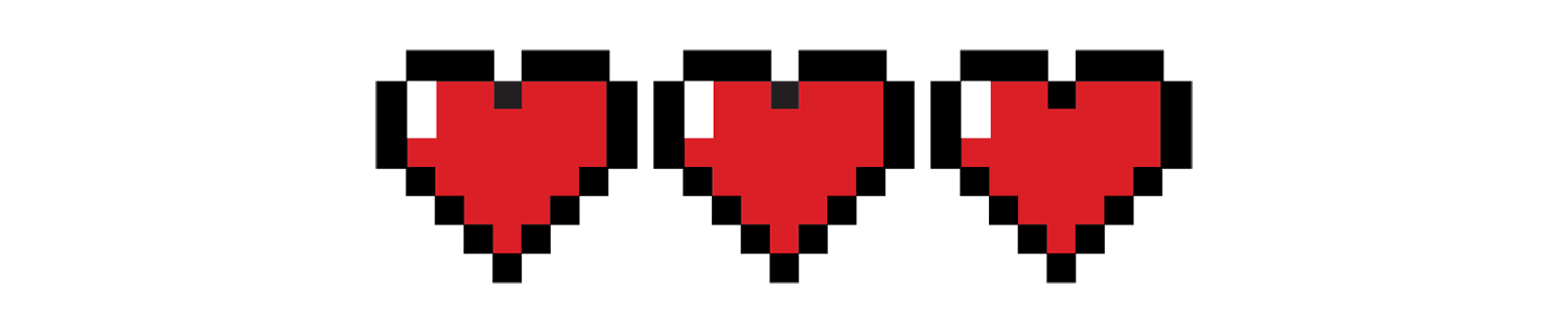  8-bit graphic showing three hearts in a video game health bar