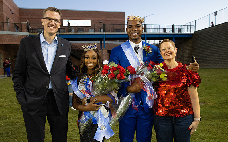 UWG President and First Lady Drs. Brendan and Tressa Kelly with the Homecoming 2022 King and Queen