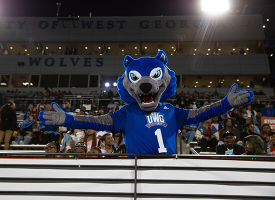 UWG's mascot, Wolfie, at Homecoming 2022.