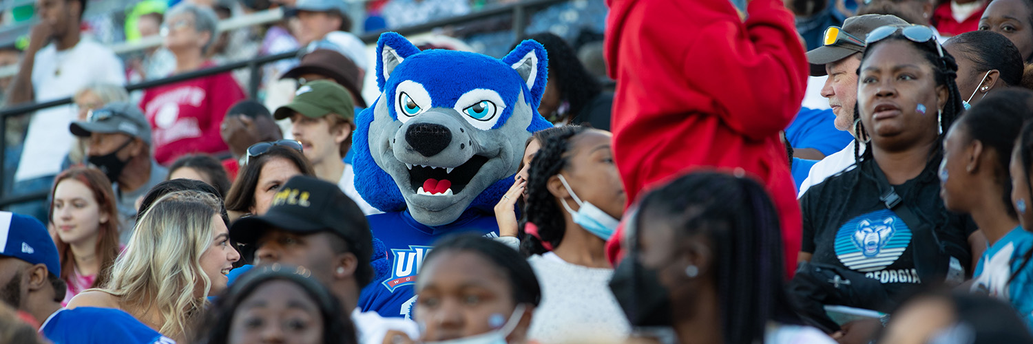 Mascot Wolfie cheering in the stands with others
