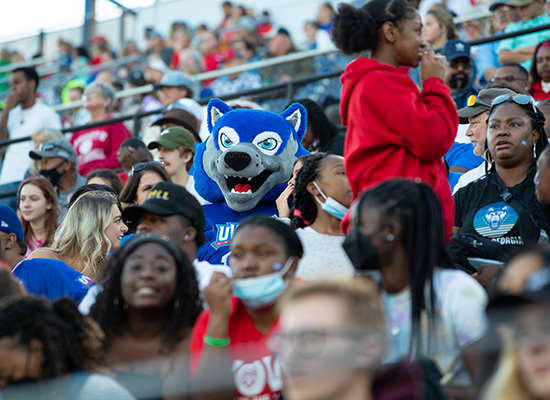 Mascot Wolfie cheering with others in the stands