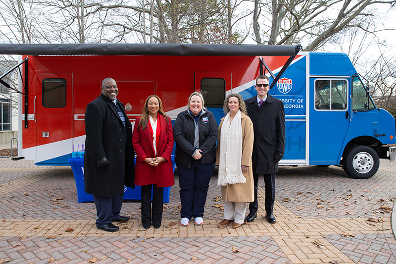 L to R: Dr. André Fortune, UWG vice president for student affairs; Dr. Lakiesa Rawlinson, UWG associate vice president of student life and dean of students; Bridgette Stewart, UWG chief wellness officer; Dr. April Wood Stewart, executive director of the Center for Student Involvement and Inclusion; Dr. Brendan Kelly, UWG president