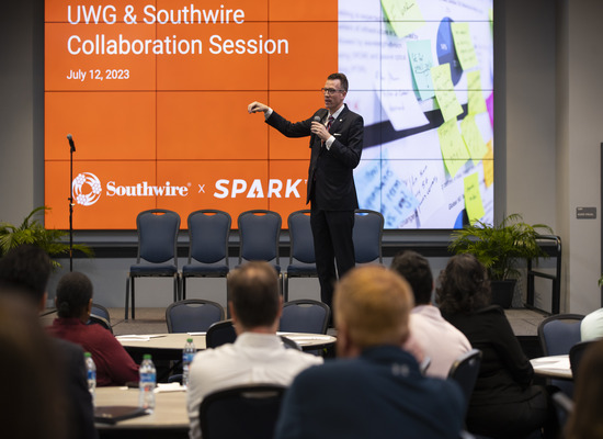 UWG President Dr. Brendan Kelly speaking to the crowd during the UWG and Southwire Sustainability Summit.